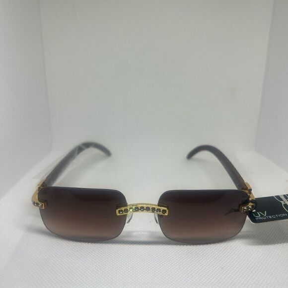 Rimless Rhinestone Wood Print Women’s Sunglasses - Picture 2 of 3